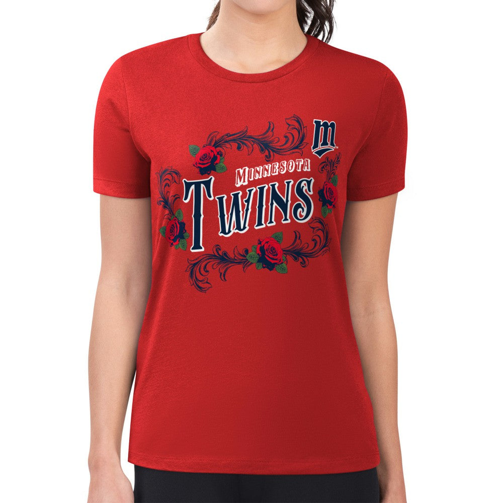 Minnesota Twins G-III 4Her by Carl Banks Women's Super-Slim Fit Lightweight Retro Roses T-Shirt | MLB For sale
