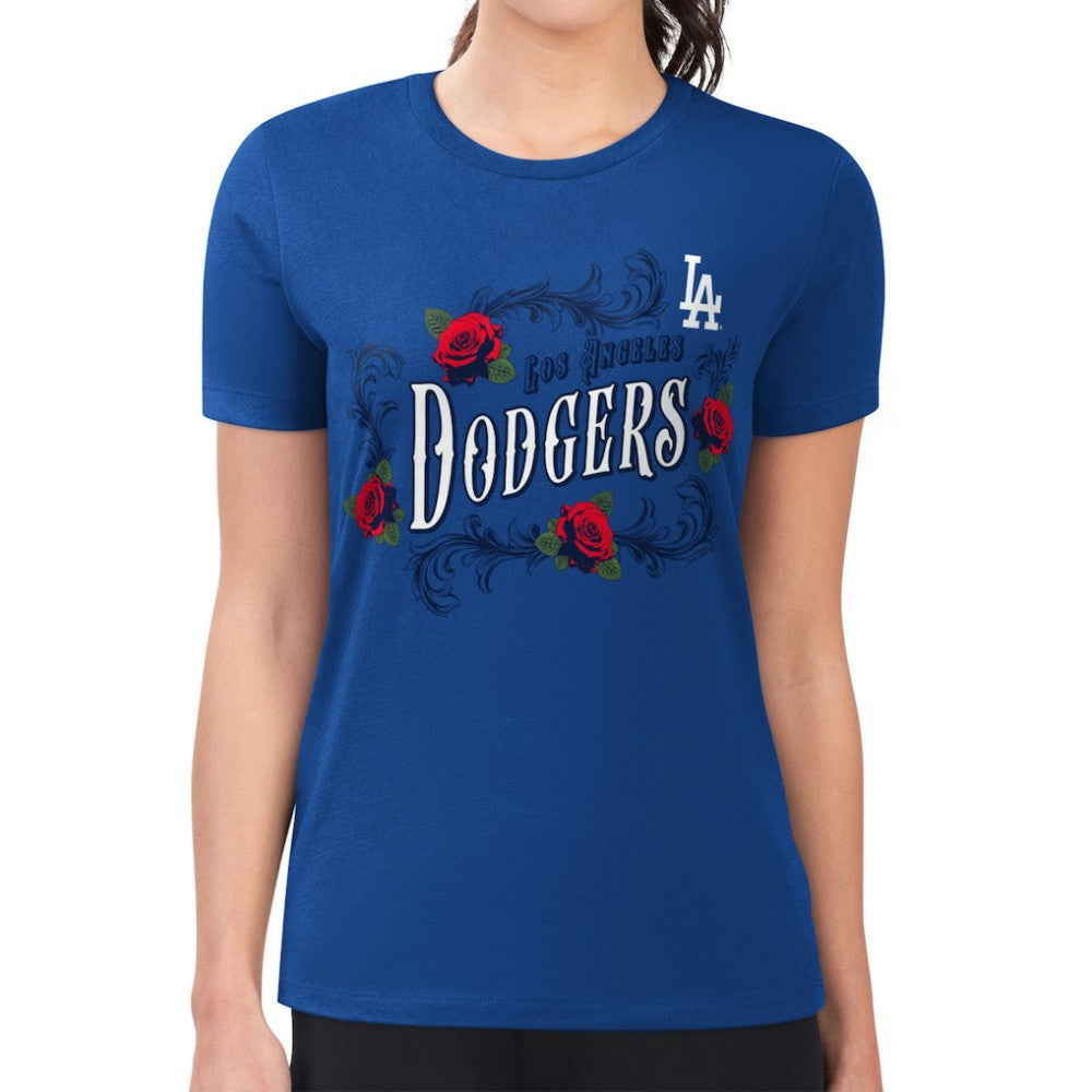 Los Angeles Dodgers G-III 4Her by Carl Banks Women's Super-Slim Fit Lightweight Retro Roses T-Shirt | MLB Discount