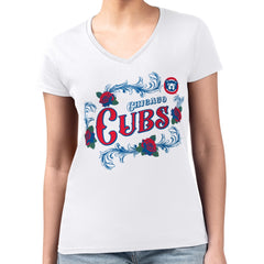 Chicago Cubs G-III 4Her by Carl Banks Women's Super-Slim Fit Lightweight Retro Roses V-Neck T-Shirt | MLB On Sale