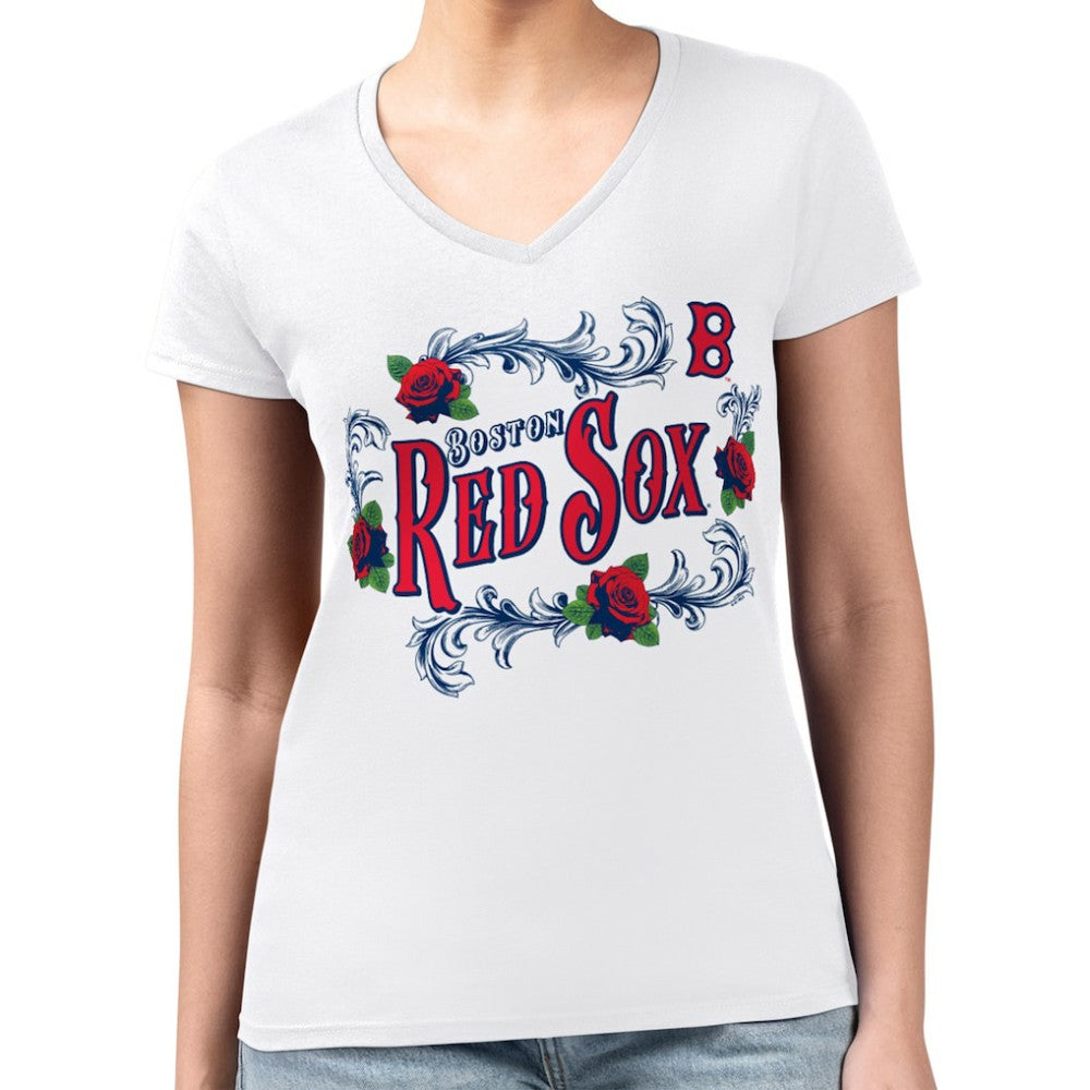 Boston Red Sox G-III 4Her by Carl Banks Women's Super-Slim Fit Lightweight Retro Roses V-Neck T-Shirt | MLB Sale