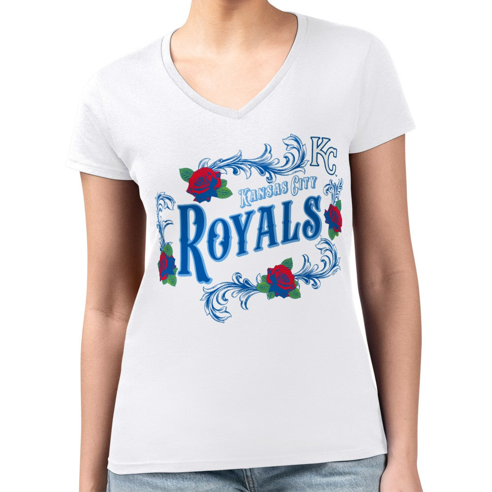 Kansas City Royals G-III 4Her by Carl Banks Women's Super-Slim Fit Lightweight Retro Roses V-Neck T-Shirt | MLB Discount