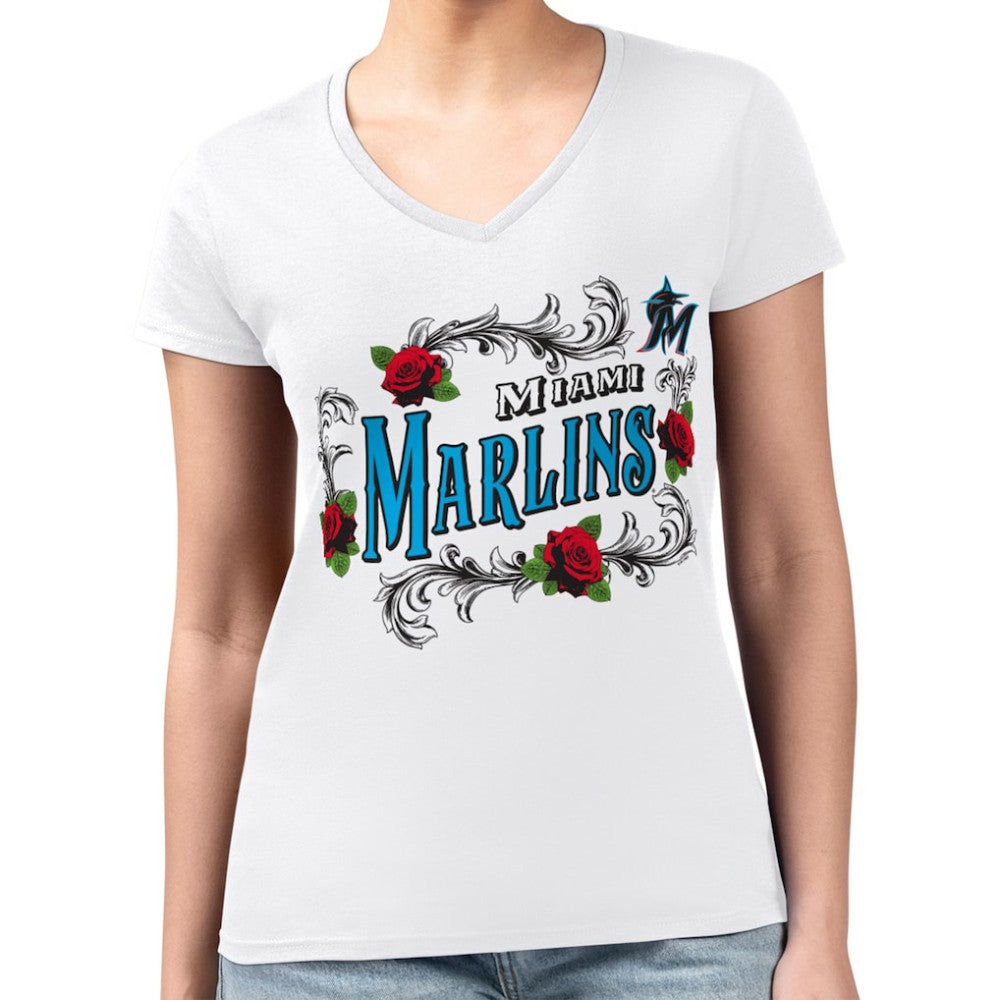 Miami Marlins G-III 4Her by Carl Banks Women's Super-Slim Fit Lightweight Retro Roses V-Neck T-Shirt | MLB Sale