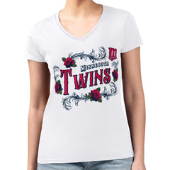 Minnesota Twins G-III 4Her by Carl Banks Women's Super-Slim Fit Lightweight Retro Roses V-Neck T-Shirt | MLB Discount