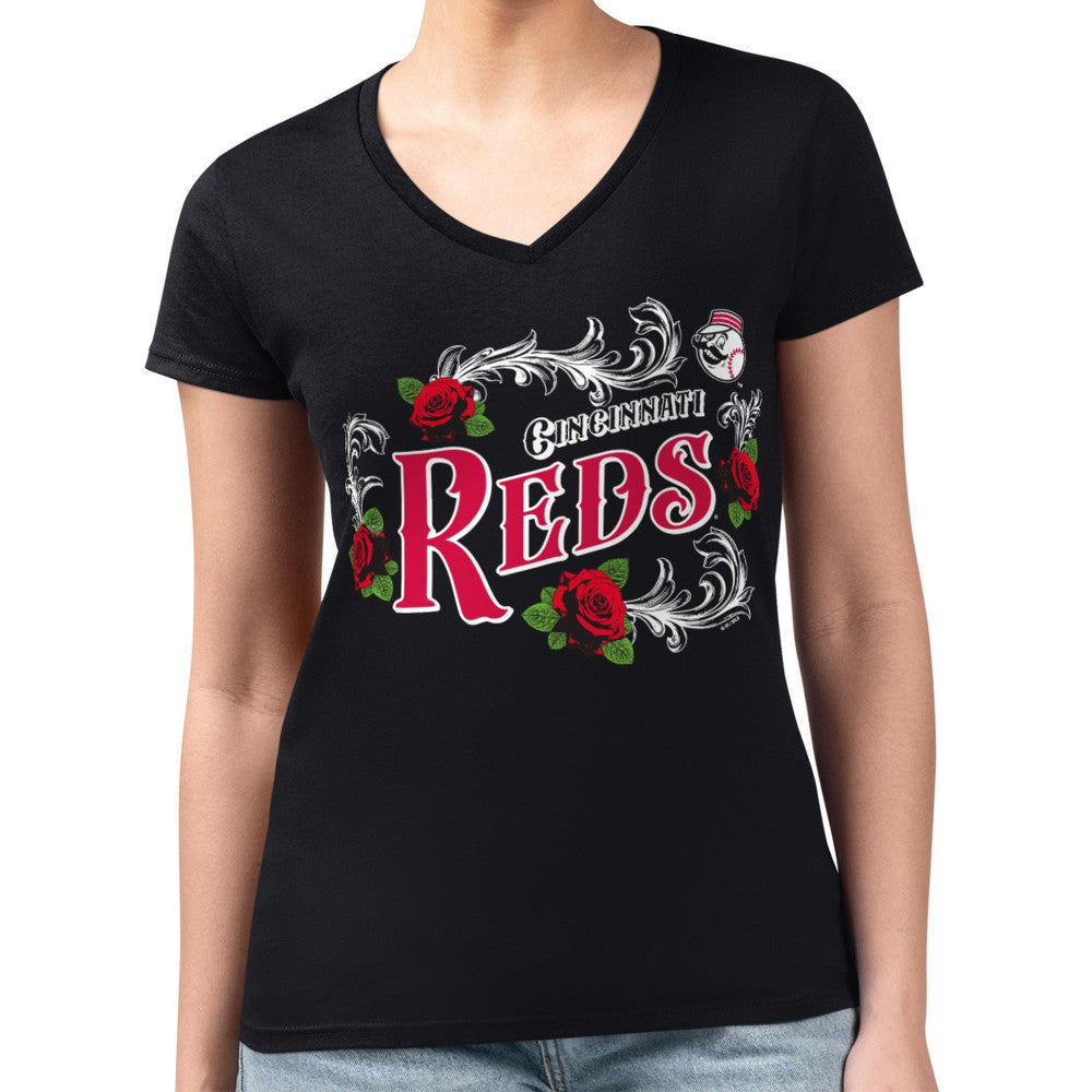 Cincinnati Reds G-III 4Her by Carl Banks Women's Super-Slim Fit Lightweight Retro Roses V-Neck T-Shirt | MLB Sale