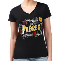 San Diego Padres G-III 4Her by Carl Banks Women's Super-Slim Fit Lightweight Retro Roses V-Neck T-Shirt | MLB Shop
