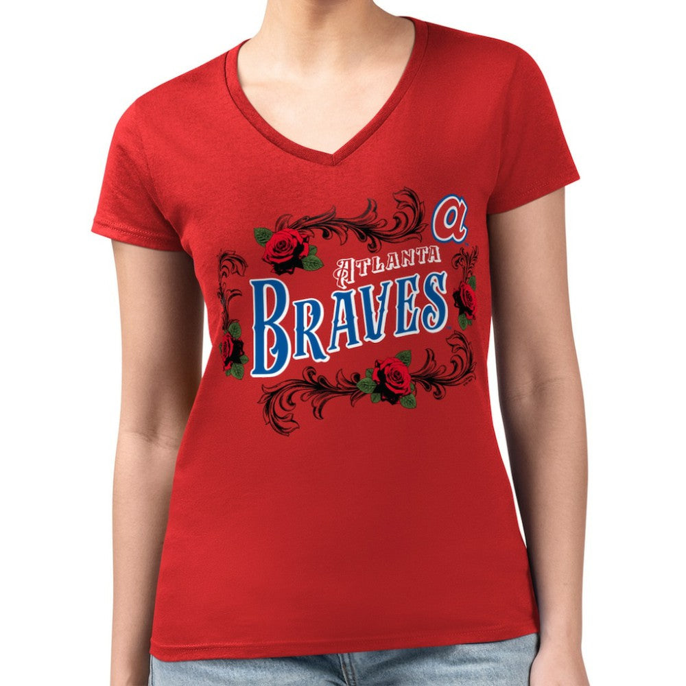 Atlanta Braves G-III 4Her by Carl Banks Women's Super-Slim Fit Lightweight Retro Roses V-Neck T-Shirt | MLB US