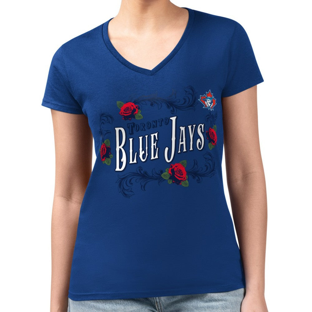Toronto Blue Jays G-III 4Her by Carl Banks Women's Super-Slim Fit Lightweight Retro Roses V-Neck T-Shirt | MLB Sale
