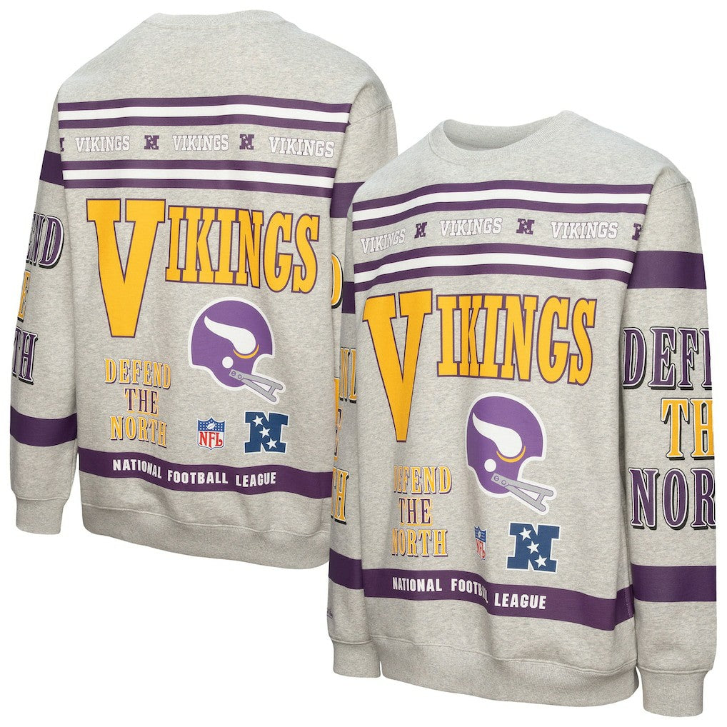 Minnesota Vikings Mitchell & Ness All Over Print Vintage Fleece Crewneck Sweatshirt