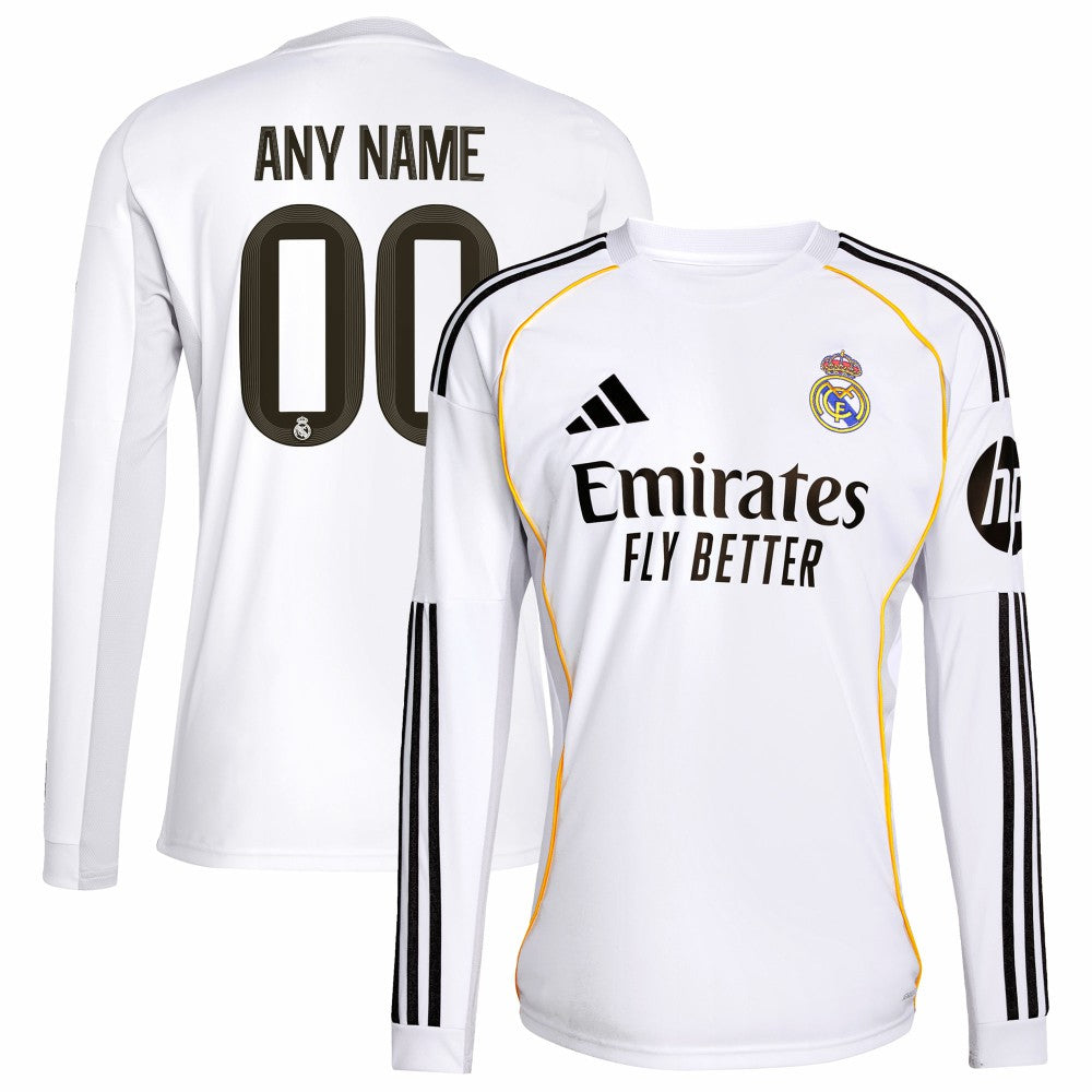 Real Madrid 2025/26 Home Replica Long Sleeve Custom Jersey White - Adidas