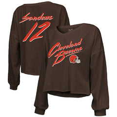 Cleveland Browns  Shedeur Sanders  Majestic Threads Women's Name & Number Off-Shoulder Script Cropped Long Sleeve Relaxed V-Neck T-Shirt