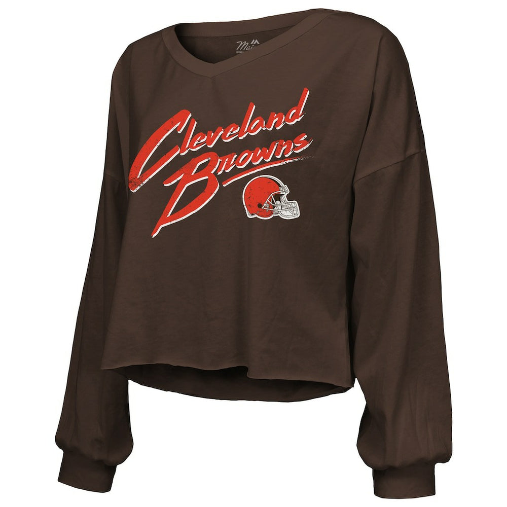 Cleveland Browns  Shedeur Sanders  Majestic Threads Women's Name & Number Off-Shoulder Script Cropped Long Sleeve Relaxed V-Neck T-Shirt