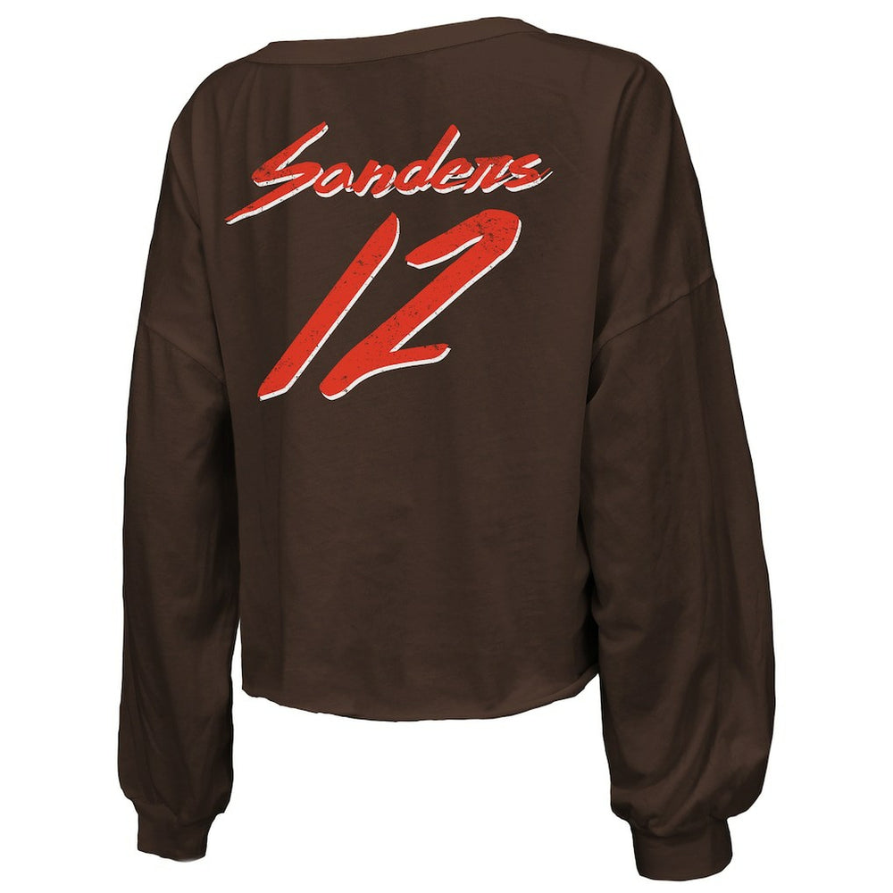 Cleveland Browns  Shedeur Sanders  Majestic Threads Women's Name & Number Off-Shoulder Script Cropped Long Sleeve Relaxed V-Neck T-Shirt