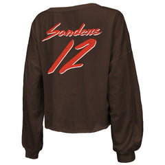Cleveland Browns  Shedeur Sanders  Majestic Threads Women's Name & Number Off-Shoulder Script Cropped Long Sleeve Relaxed V-Neck T-Shirt