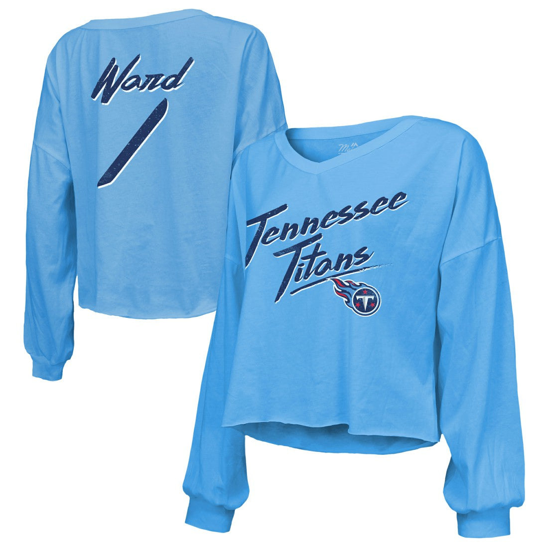 Tennessee Titans  Cameron Ward  Majestic Threads Women's Name & Number Off-Shoulder Script Cropped Long Sleeve Relaxed V-Neck T-Shirt
