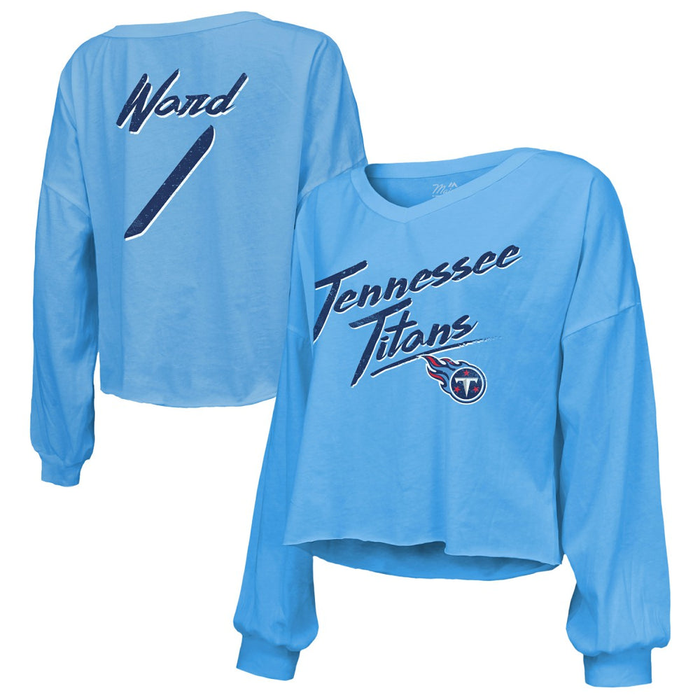 Tennessee Titans  Cameron Ward  Majestic Threads Women's Name & Number Off-Shoulder Script Cropped Long Sleeve Relaxed V-Neck T-Shirt