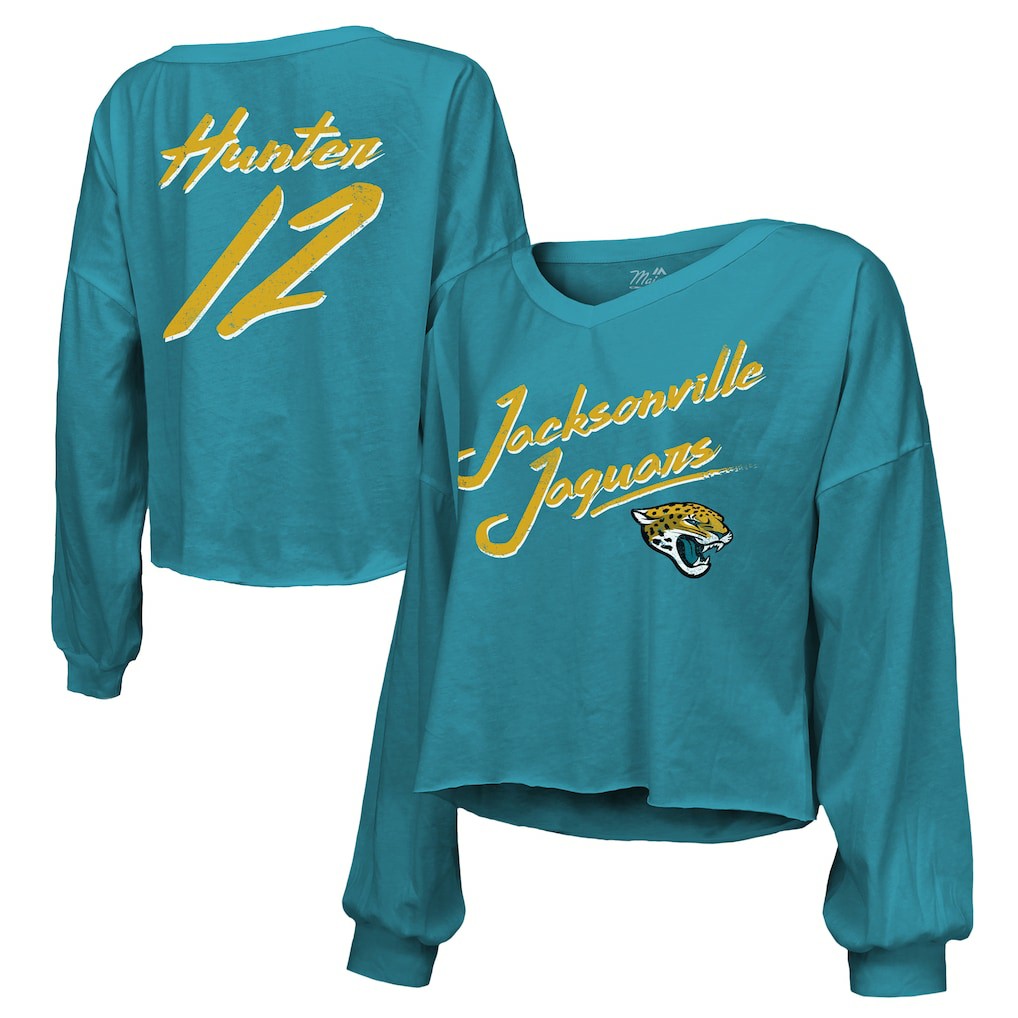Jacksonville Jaguars  Travis Hunter  Majestic Threads Women's Name & Number Off-Shoulder Script Cropped Long Sleeve Relaxed V-Neck T-Shirt
