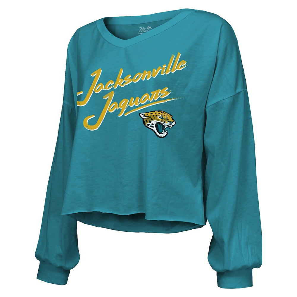 Jacksonville Jaguars  Travis Hunter  Majestic Threads Women's Name & Number Off-Shoulder Script Cropped Long Sleeve Relaxed V-Neck T-Shirt