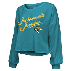 Jacksonville Jaguars  Travis Hunter  Majestic Threads Women's Name & Number Off-Shoulder Script Cropped Long Sleeve Relaxed V-Neck T-Shirt