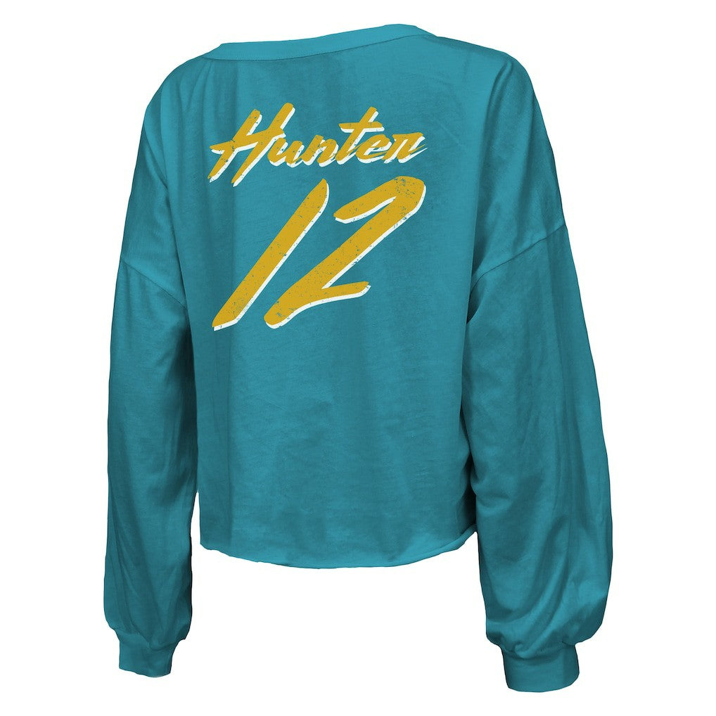 Jacksonville Jaguars  Travis Hunter  Majestic Threads Women's Name & Number Off-Shoulder Script Cropped Long Sleeve Relaxed V-Neck T-Shirt