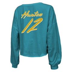 Jacksonville Jaguars  Travis Hunter  Majestic Threads Women's Name & Number Off-Shoulder Script Cropped Long Sleeve Relaxed V-Neck T-Shirt