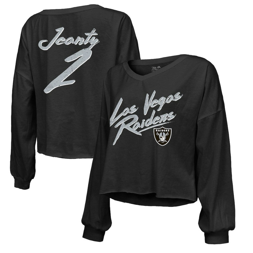 Las Vegas Raiders  Ashton Jeanty  Majestic Threads Women's Name & Number Off-Shoulder Script Cropped Long Sleeve Relaxed V-Neck T-Shirt