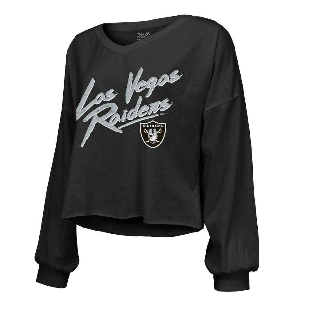 Las Vegas Raiders  Ashton Jeanty  Majestic Threads Women's Name & Number Off-Shoulder Script Cropped Long Sleeve Relaxed V-Neck T-Shirt
