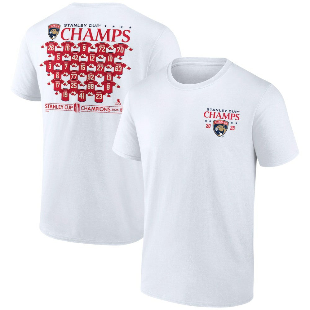 Florida Panthers Fanatics 2025 Stanley Cup Champions Jersey Roster T-Shirt On Sale