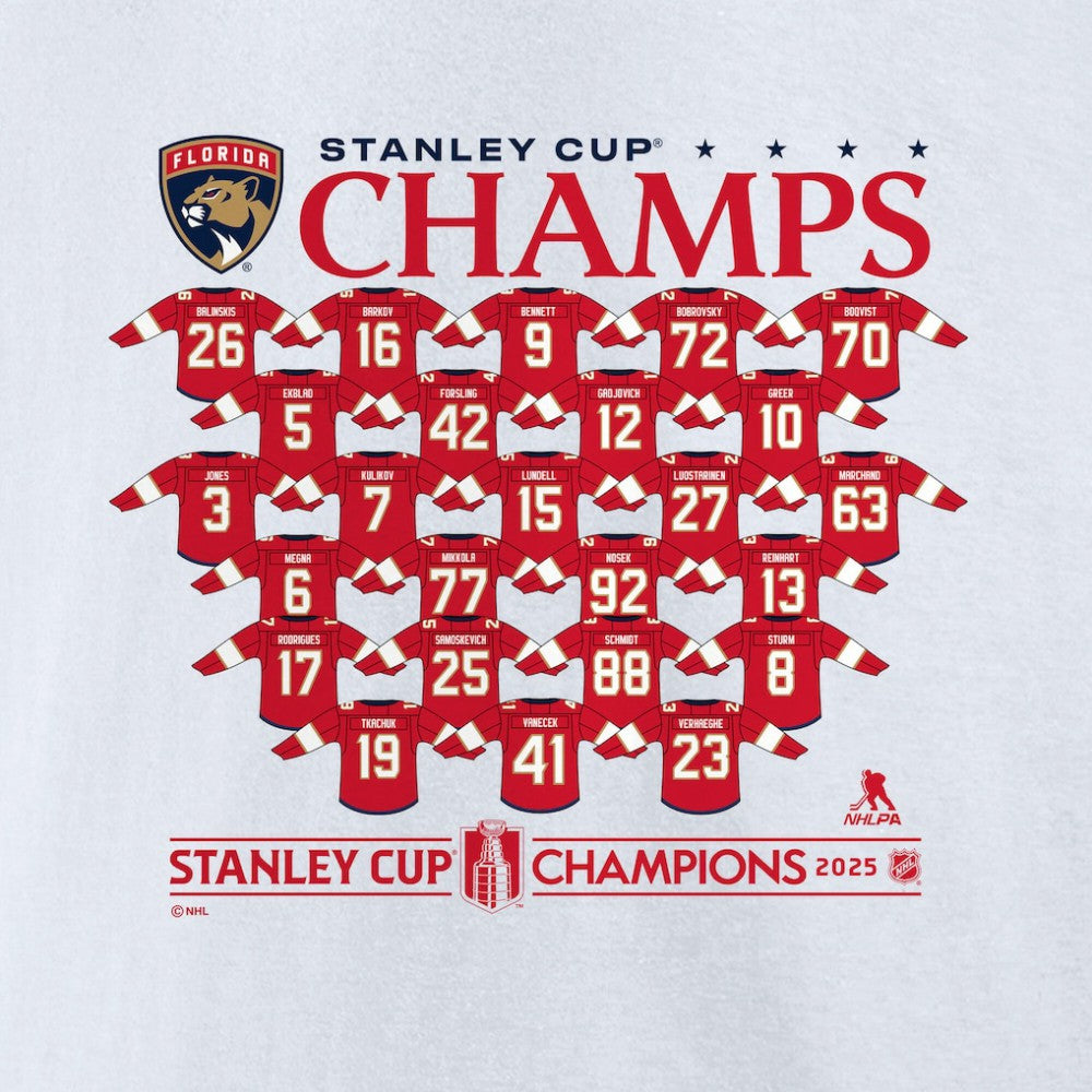 Florida Panthers Fanatics 2025 Stanley Cup Champions Jersey Roster T-Shirt On Sale