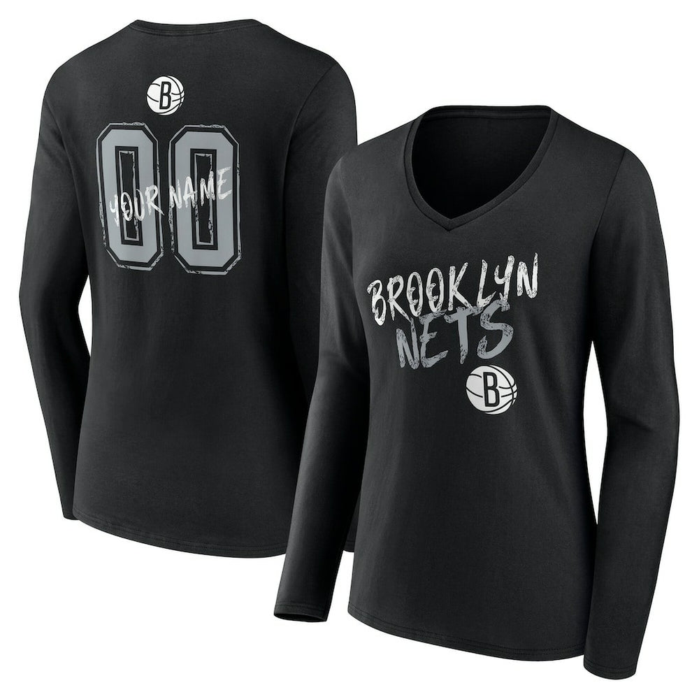 Brooklyn Nets Women's Hustle Custom Long Sleeve V-Neck T-Shirt For Sale
