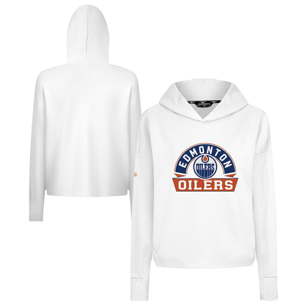 Edmonton Oilers Levelwear Women's Sweet Banner Arch Tri-Blend Cropped Pullover Hoodie On Sale