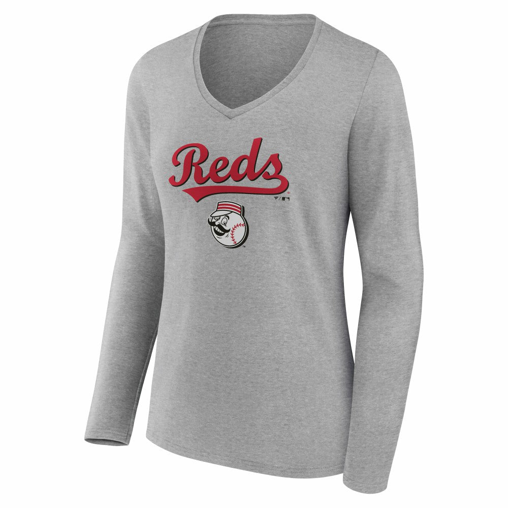 Cincinnati Reds Women's Team Lockup Long Sleeve V-Neck T-Shirt | MLB Discount