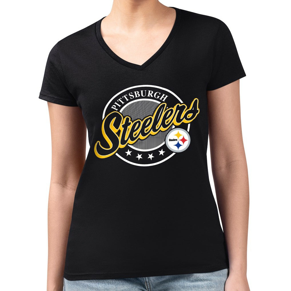 Pittsburgh Steelers  G-III 4Her by Carl Banks Women's Super-Slim Fit Lightweight Pinstripe Circle V-Neck T-Shirt