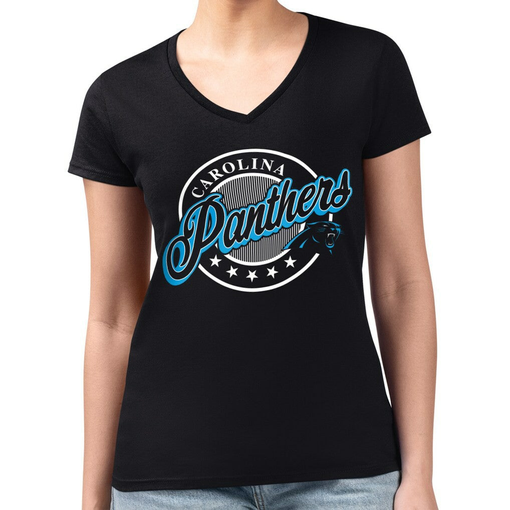 Carolina Panthers  G-III 4Her by Carl Banks Women's Super-Slim Fit Lightweight Pinstripe Circle V-Neck T-Shirt