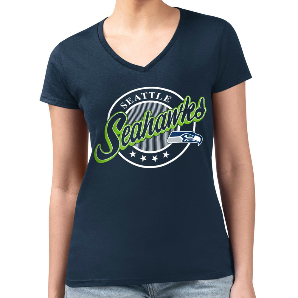 Seattle Seahawks  G-III 4Her by Carl Banks Women's Super-Slim Fit Lightweight Pinstripe Circle V-Neck T-Shirt