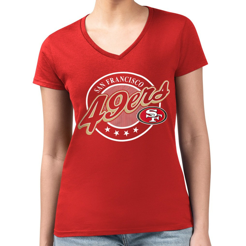 San Francisco 49ers  G-III 4Her by Carl Banks Women's Super-Slim Fit Lightweight Pinstripe Circle V-Neck T-Shirt