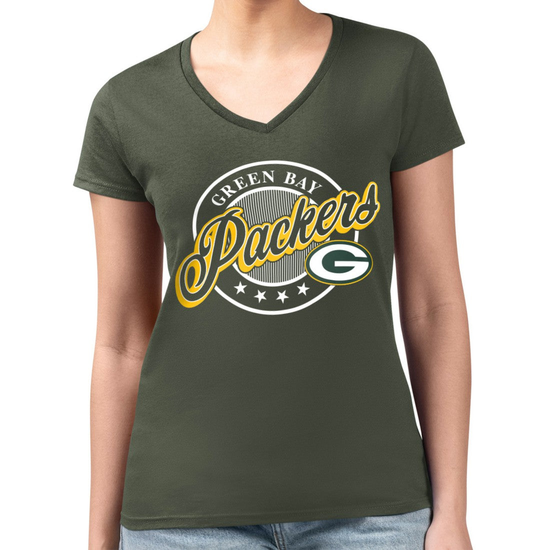 Green Bay Packers  G-III 4Her by Carl Banks Women's Super-Slim Fit Lightweight Pinstripe Circle V-Neck T-Shirt