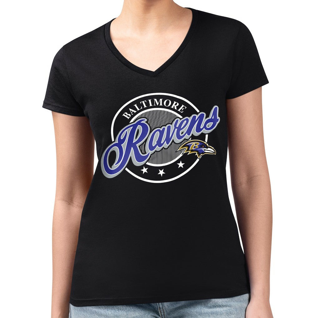 Baltimore Ravens  G-III 4Her by Carl Banks Women's Super-Slim Fit Lightweight Pinstripe Circle V-Neck T-Shirt