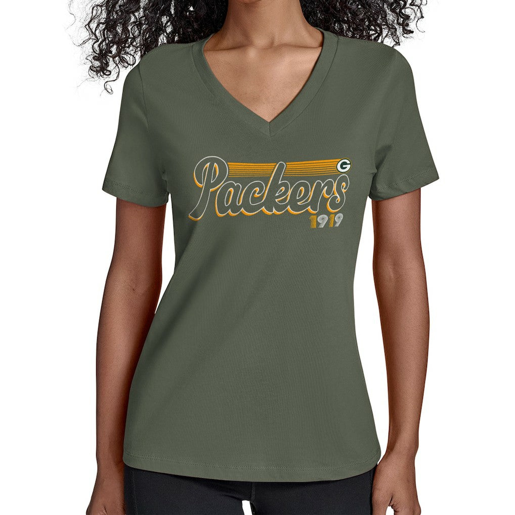Green Bay Packers  Starter Women's Groovy Script V-Neck T-Shirt