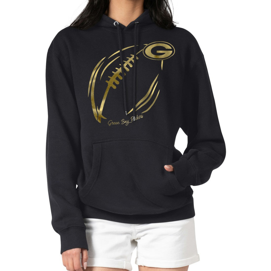 Green Bay Packers  G-III 4Her by Carl Banks Women's Metallic Print Football Sketch Fleece Pullover Hoodie