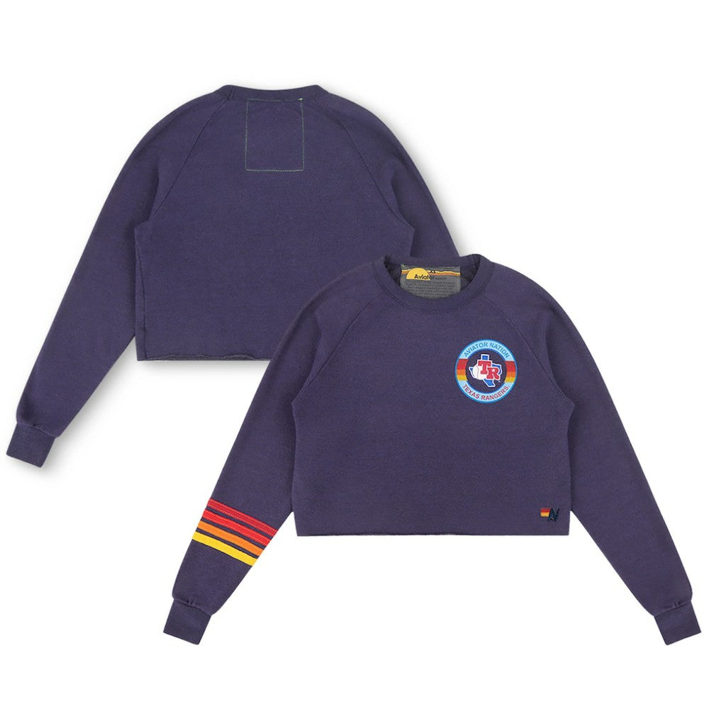 Texas Rangers Aviator Nation x MLB Women's Rugby Stitch Cropped Tri-Blend Pullover Sweatshirt | MLB Discount