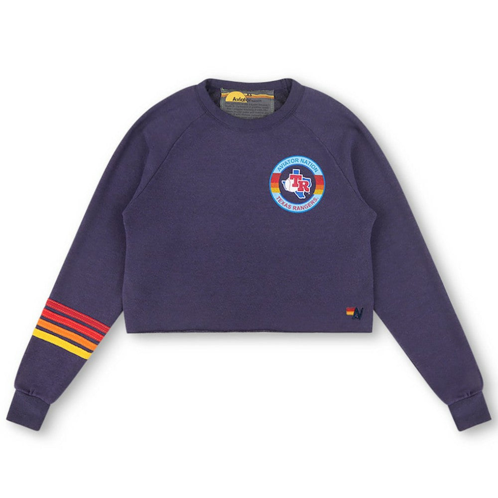 Texas Rangers Aviator Nation x MLB Women's Rugby Stitch Cropped Tri-Blend Pullover Sweatshirt | MLB Discount