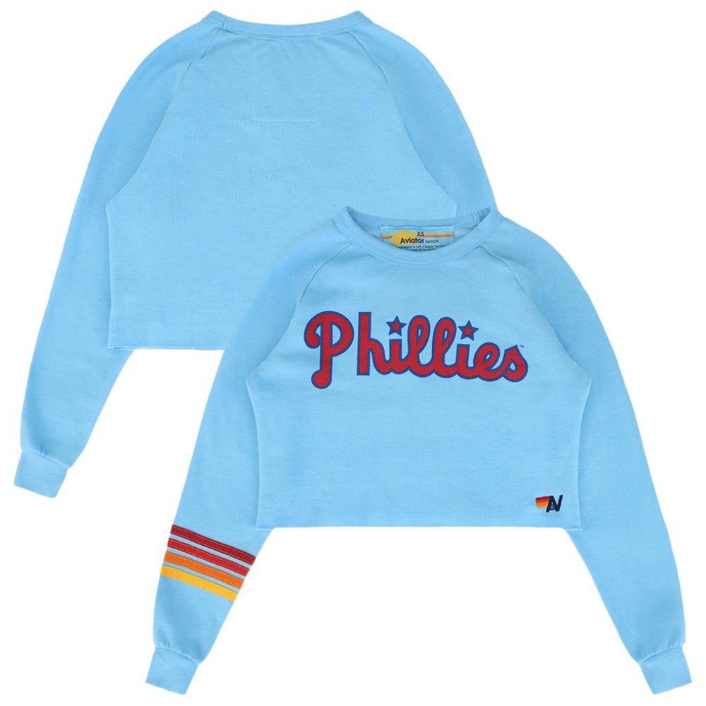 Philadelphia Phillies Aviator Nation x MLB Women's Rugby Stitch Cropped Tri-Blend Sweatshirt | MLB Discount