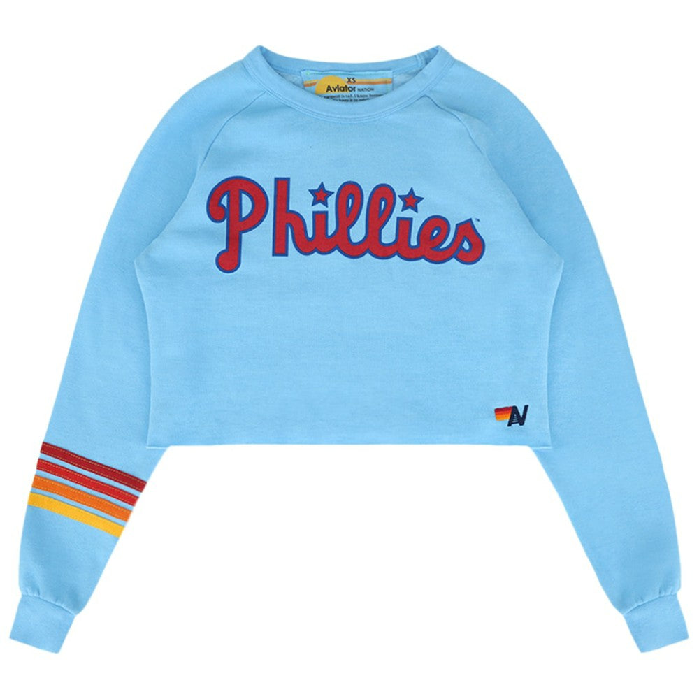 Philadelphia Phillies Aviator Nation x MLB Women's Rugby Stitch Cropped Tri-Blend Sweatshirt | MLB Discount