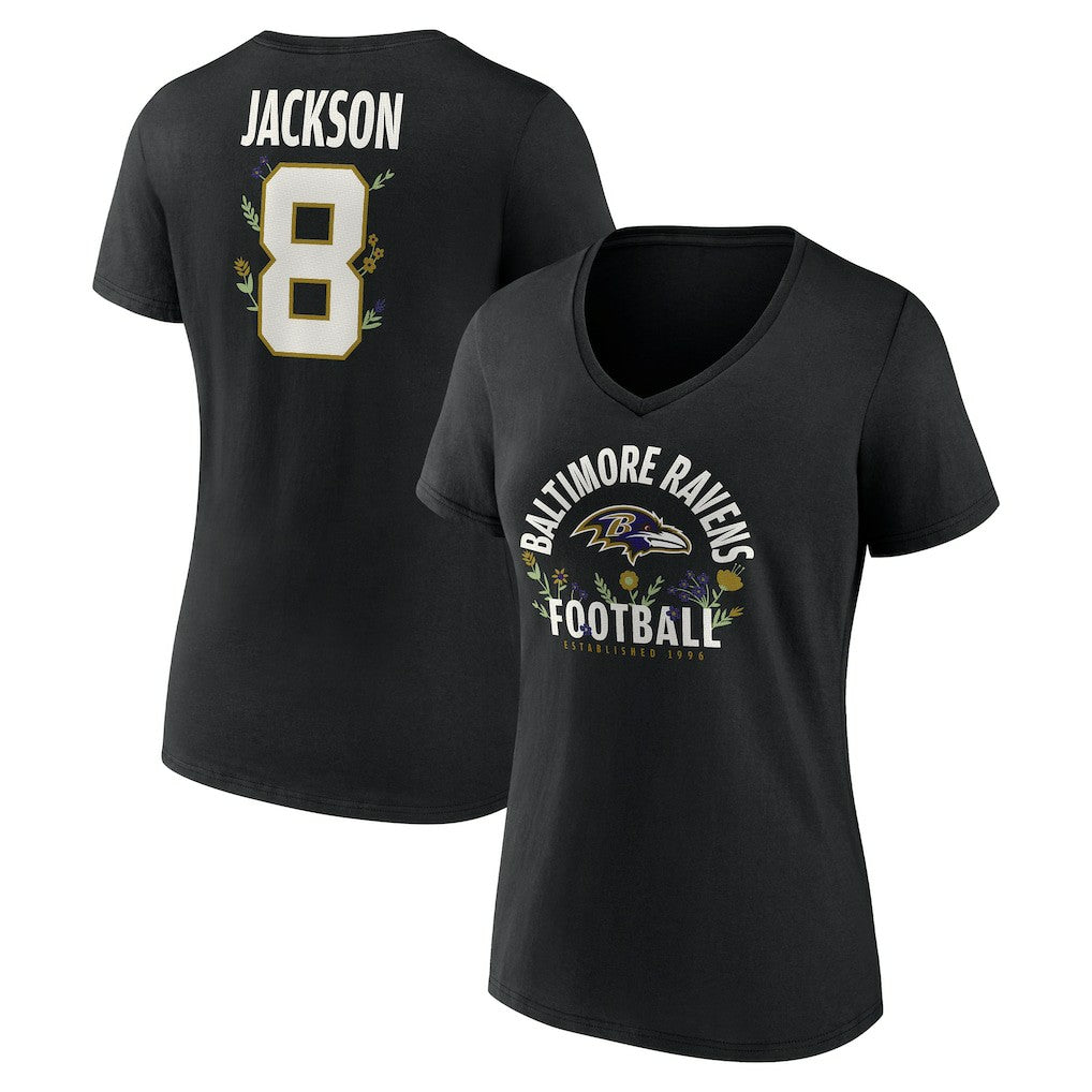Baltimore Ravens  Lamar Jackson  Women's Floral Name & Number V-Neck T-Shirt