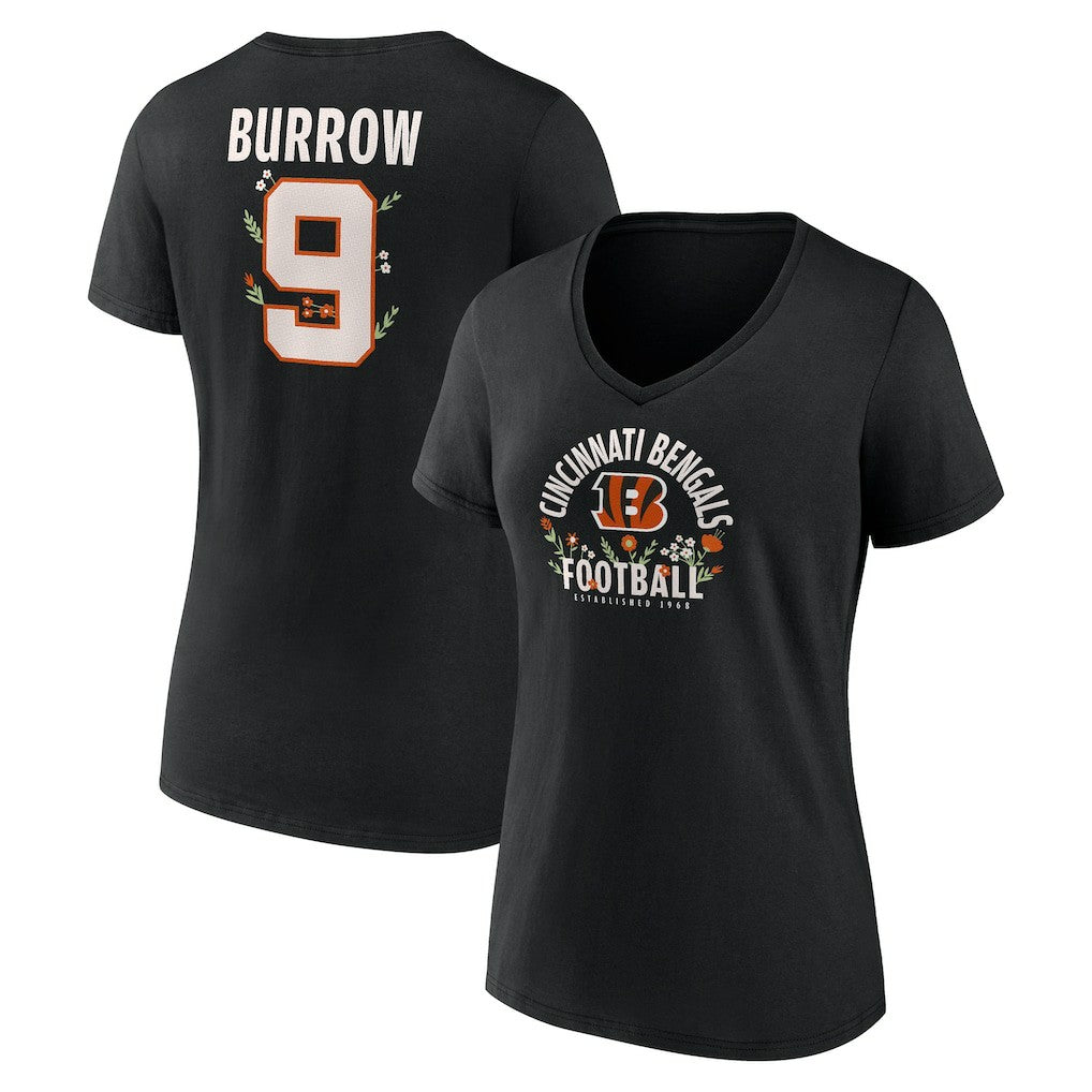 Cincinnati Bengals  Joe Burrow  Women's Floral Name & Number V-Neck T-Shirt