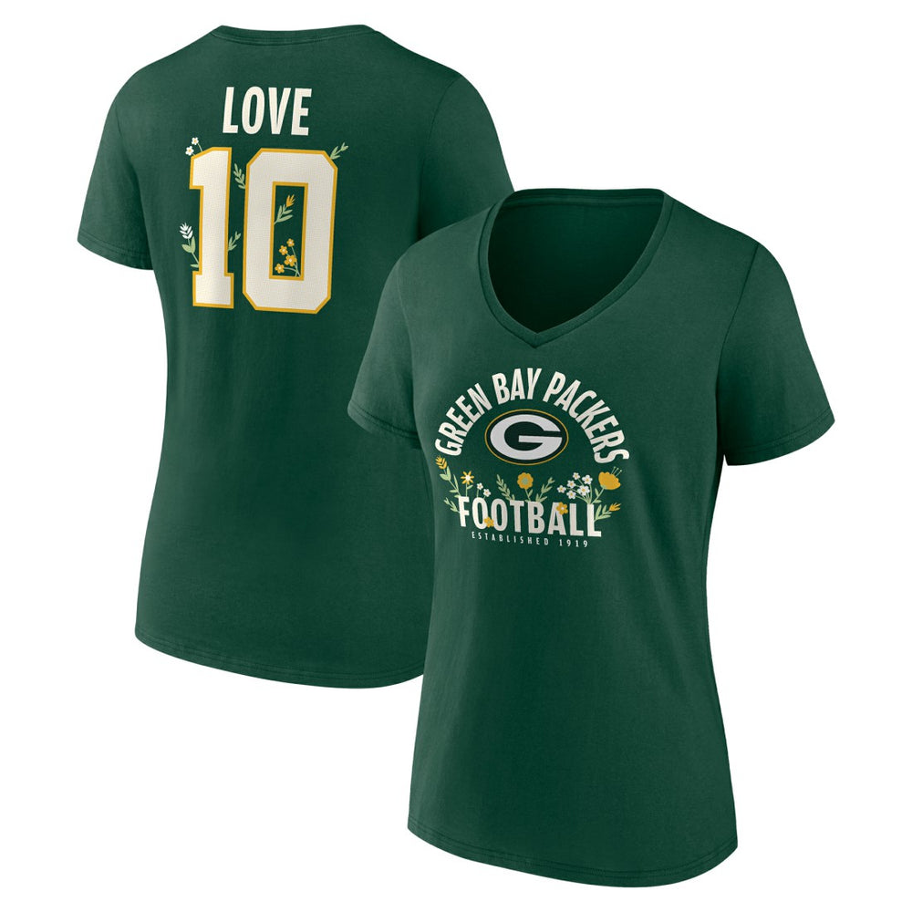 Green Bay Packers  Jordan Love  Women's Floral Name & Number V-Neck T-Shirt