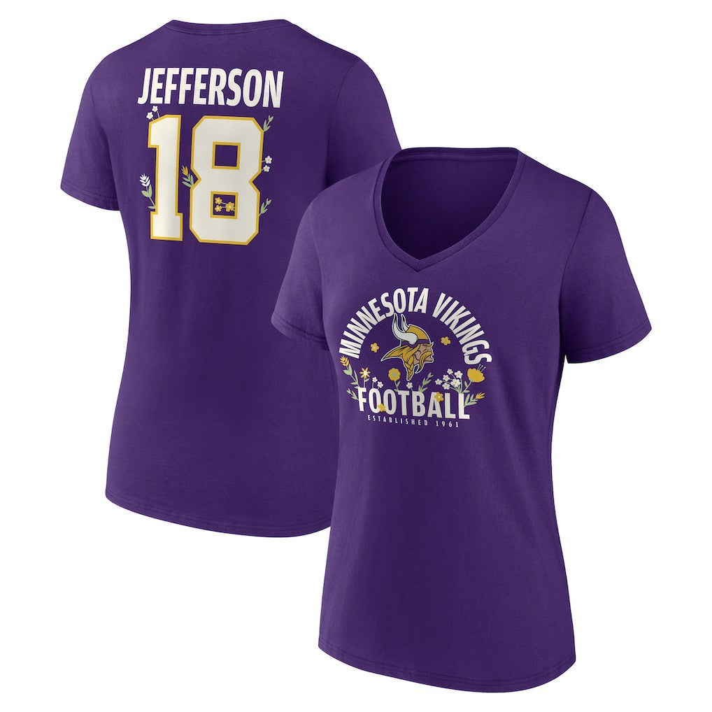 Minnesota Vikings  Justin Jefferson  Women's Floral Name & Number V-Neck T-Shirt