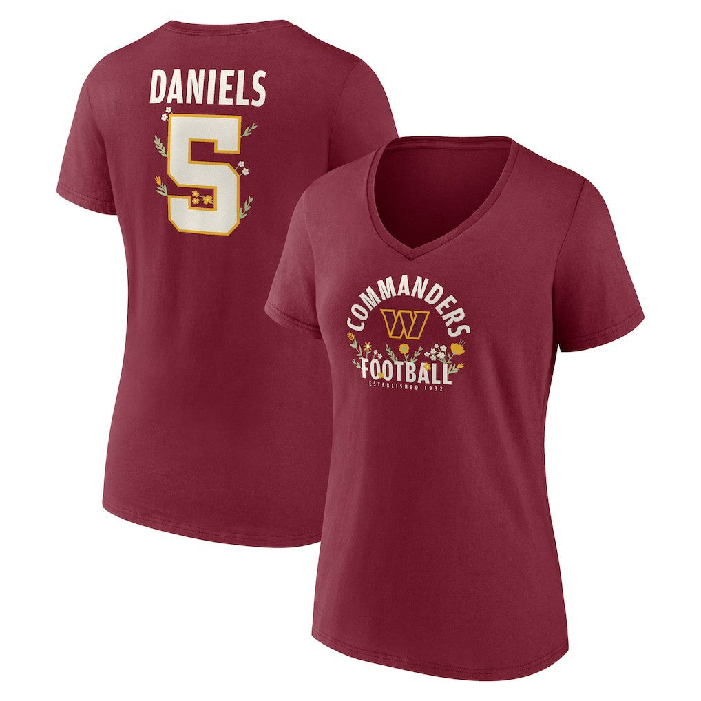 Washington Commanders  Jayden Daniels  Women's Floral Name & Number V-Neck T-Shirt