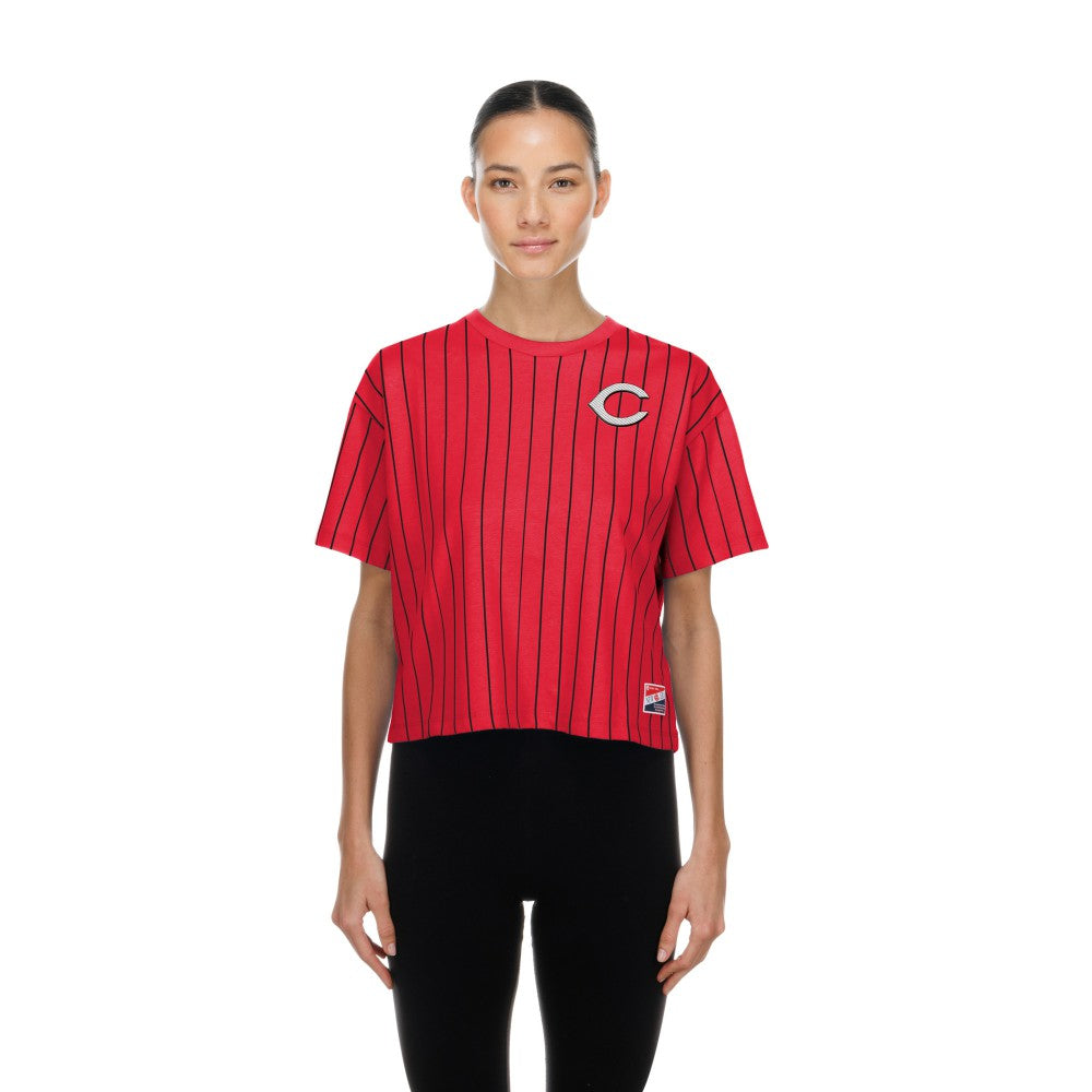 Cincinnati Reds New Era Women's Throwback Meshback Pinstripe Boxy T-Shirt | MLB On Sale