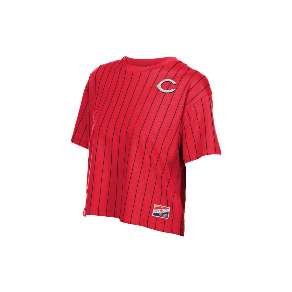 Cincinnati Reds New Era Women's Throwback Meshback Pinstripe Boxy T-Shirt | MLB On Sale